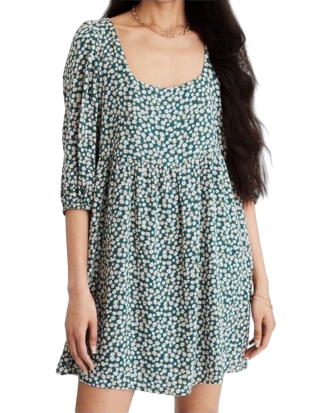 Womens Green Floral Scoop-Neck Babydoll Dress